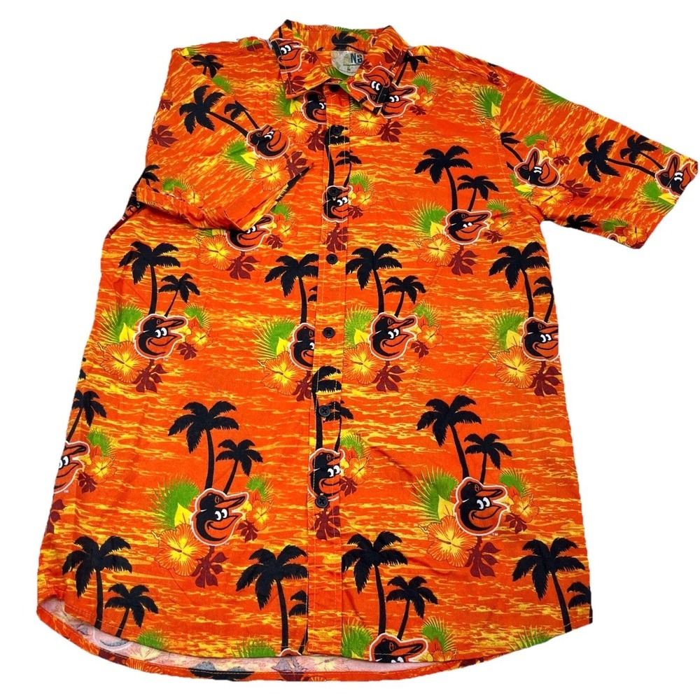 Baltimore Orioles Shirt Boys Medium Orange Button Up Hawaiian Beach Palms Youth